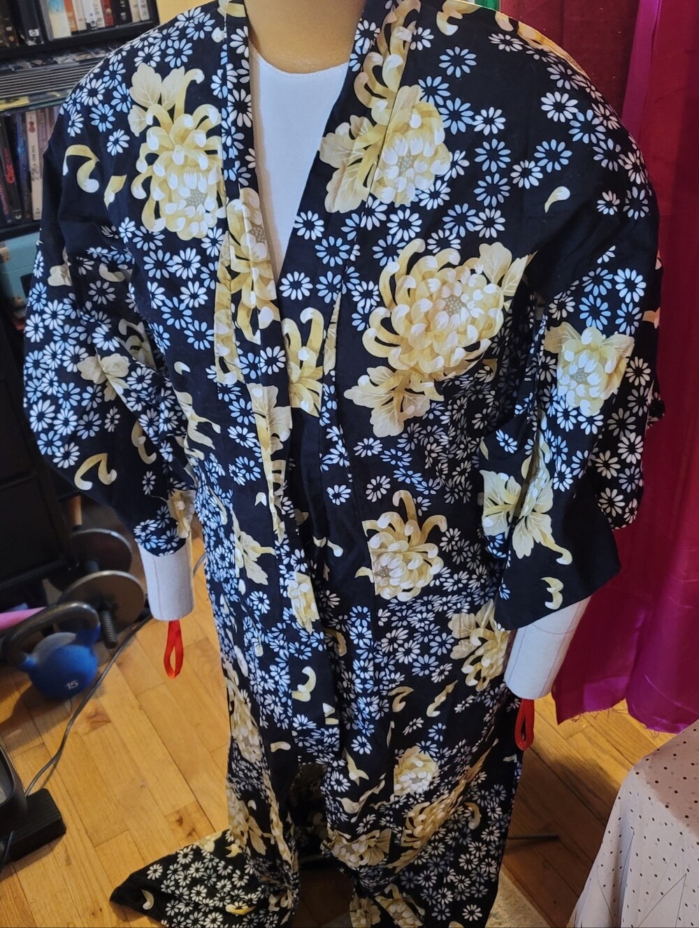 Black Floral Kimono Robe with Yellow Chrysanthemums